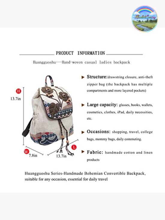 Vintage Bohemian Drawstring Backpack Purse Canvas Embroidered Travel Daypack main image 5